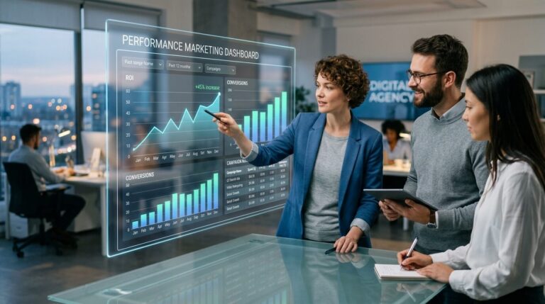 Performance marketing services in Lahore showing Google Ads, Meta Ads, and ROI-driven digital marketing strategy dashboard